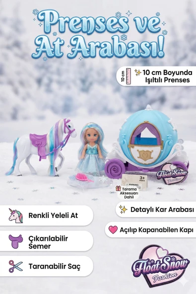 Kış Prensesi ve At Arabası Oyuncak Seti - 10 cm Bebek, Renkli Yeleli At ve Tarak Aksesuarlı ürün görseli 1