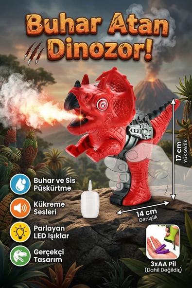 Işıklı ve Kükreme Sesli Buhar Atan Kırmızı Dinozor Oyuncak Su Tabancası ürün görseli 1