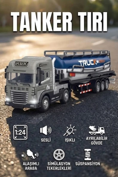 1:24 Ölçek Diecast Metal Kafa Işıklı ve Sesli Oyuncak Tanker Tırı - Ayrılabilir Dorseli Model Araba ürün görseli 1