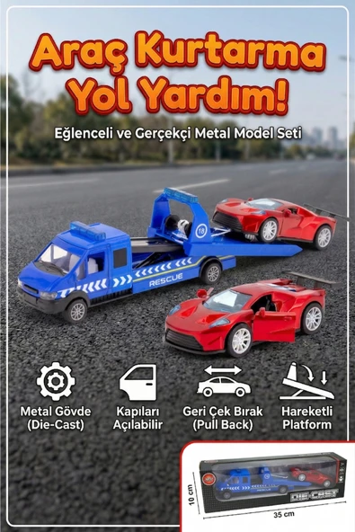 Die-Cast Metal Araç Kurtarma Yol Yardım Seti - Hareketli Platform Çek Bırak Spor Araba Dahil ürün görseli 1