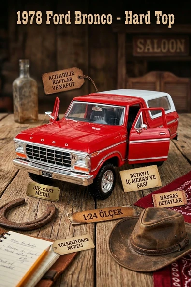 1978 Ford Bronco Hard Top 1:24 Ölçek Die-Cast Metal Model Araba - Kırmızı/Beyaz - Motor Max ürün görseli 1