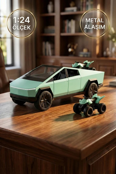 1:24 Cybertruck Metal Diecast Model Araba - ATV Motorlu, Kapıları Açılan Oyuncak Araba Yeşil ürün görseli 1
