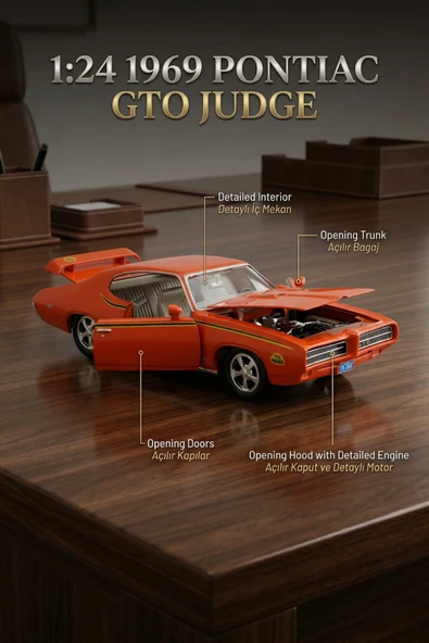 Motor Max 1:24 1969 Pontiac Gto Judge Turuncu Diecast Model Araba Lisanslı Açılır Kapı ve Kaput ürün görseli 1