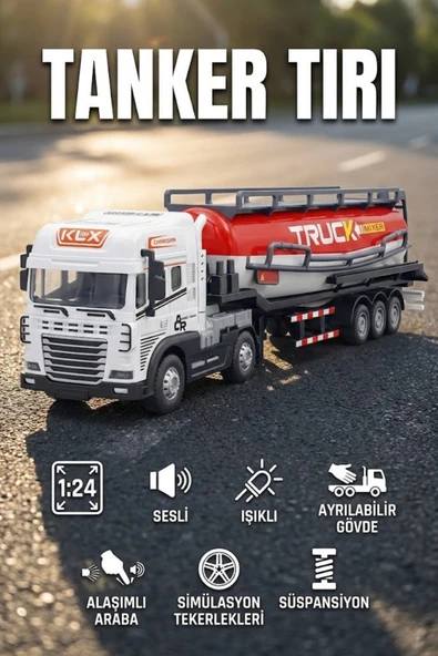 1:24 Ölçek Diecast Metal Kafa Işıklı ve Sesli Oyuncak Tanker Tırı - Ayrılabilir Dorseli Model Araba ürün görseli 1