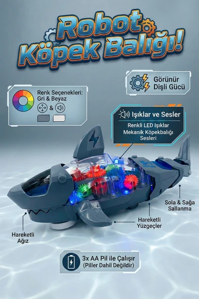 Şeffaf Dişlili Işıklı ve Sesli Hareketli Robot Köpek Balığı Oyuncak ürün görseli 1
