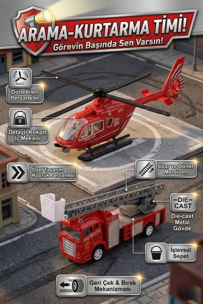 Die-cast Metal İtfaiye ve Kurtarma Helikopteri Seti - Geri Çek Bırak Hareketli Oyuncaklar ürün görseli 1