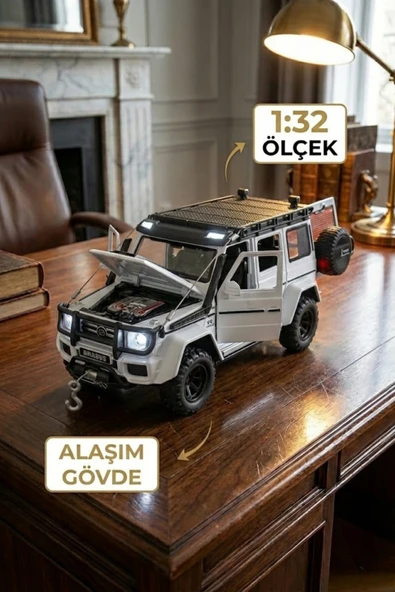 1:32 Mercedes G63 Brabus Metal Diecast Model Araba - Sesli Işıklı Çek Bırak Oyuncak Jip Beyaz ürün görseli 1