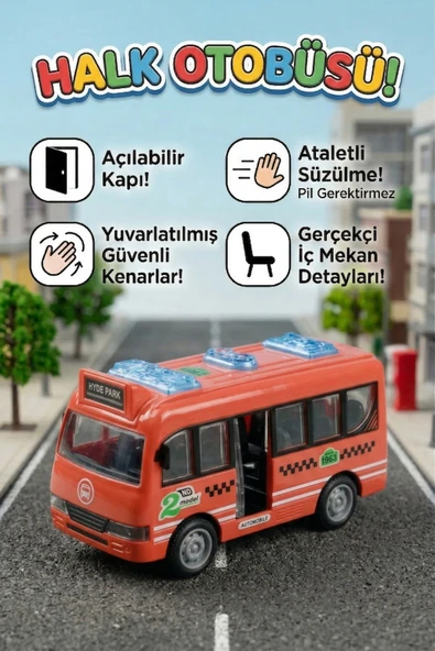 Oyuncak Otobüs Kapıları Açılabilen Sürtmeli Pilsiz Güvenli Minibüs Araba ürün görseli 1