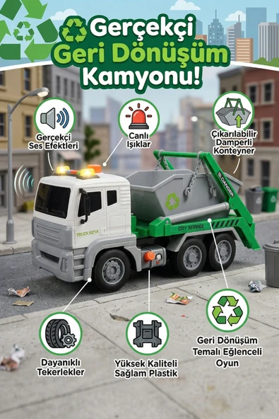 Vardem 1:12 Işıklı Sesli Geri Dönüşüm Kamyonu - Büyük Boy Oyuncak Çöp Kamyonu ürün görseli 1