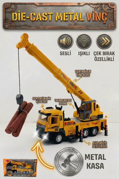 Die-Cast Metal Kasa Oyuncak Vinç Kamyonu - Sesli Işıklı, Çek Bırak Uzayabilen Kollu İnşaat Aracı ürün görseli 1