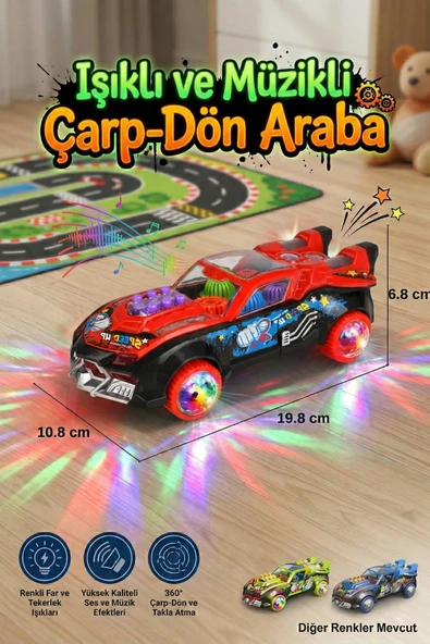 Işıklı ve Müzikli Şeffaf Dişli Oyuncak Araba 360 Derece Dönen Çarp Dön Hareketli Araba Kırmızı ürün görseli 1