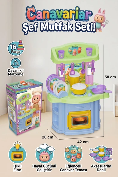 Canavarlar Şef Oyuncak Mutfak Seti 16 Parça Işıklı Fırınlı Büyük Boy Eğitici Evcilik Oyunu 58 cm ürün görseli 1