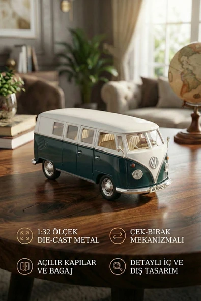 1:32 Ölçek Metal Çek Bırak Nostaljik Volkswagen T1 Minibüs Vosvos Oyuncak Araba - Yeşil (13 cm) ürün görseli 1