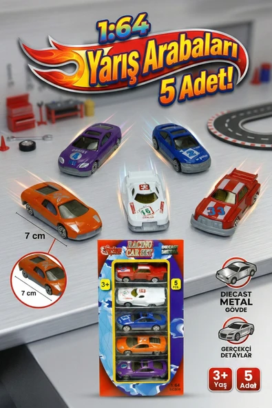 Vardem Oyuncak 5'li Diecast Metal Yarış Arabası Seti 1:64 Ölçek 7 cm ürün görseli 1