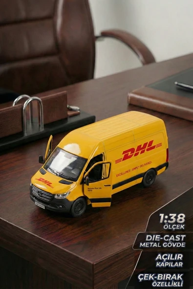 Kinsmart Mercedes Benz Sprinter DHL Kargo Aracı Metal Model Araba Çek Bırak (12 cm) ürün görseli 1