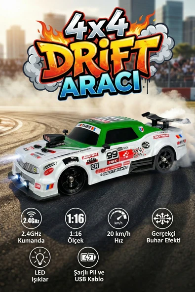 Uzaktan Kumandalı Şarjlı 4x4 Drift Arabası 1:16 Işıklı Buhar Efektli RC Yarış Arabası ürün görseli 1