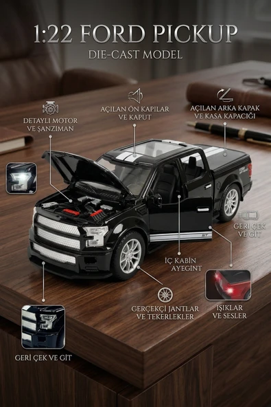 1:22 Ölçek Metal Ford Pickup Model Araba - Sesli, Işıklı ve Çek Bırak Off-Road Oyuncak Arazi Aracı ürün görseli 1