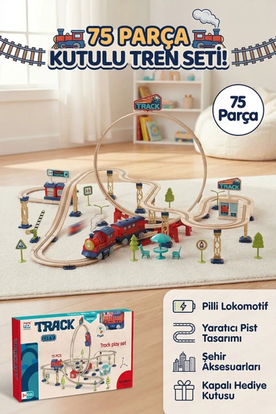 75 Parça Pilli Oyuncak Tren Seti, Ahşap Dokulu Raylar, Şehir Temalı Eğitici Hediye Seti ürün görseli 1