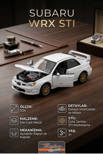 MotorMax Subaru Impreza WRX STI 1:24 Ölçek Beyaz Metal Model Araba - Açılır Kapı ve Kaput ürün görseli 1