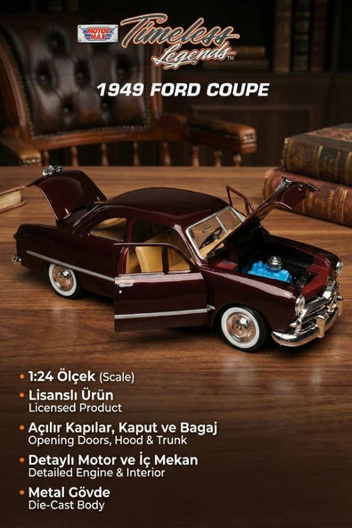 Motor Max 1:24 1949 Ford Coupe Model Araba Metal Diecast - Bordo ürün görseli 1