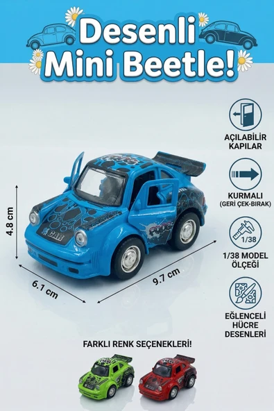 Çek Bırak Oyuncak Araba Açılabilir Kapılı Desenli Mini Beetle 1:38 Ölçek ürün görseli 1