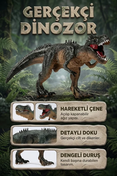 Gerçekçi Dinozor Figürü - Hareketli Çeneli, Detaylı Dokulu Büyük Boy Oyuncak (27 cm) ürün görseli 1