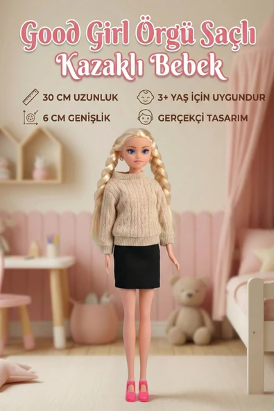 Good Girl Örgü Saçlı Kazaklı Model Oyuncak Bebek 30 Cm - Kış Serisi Tarz Bebekler (Krem/Gri) ürün görseli 1