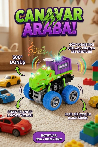 Işıklı Ve Sesli Dinozor Canavar Kamyon - 360° Dönen Sürtmeli Akrobasi Arabası - Oyuncak Araba ürün görseli 1