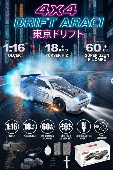 1:16 Şarjlı Uzaktan Kumandalı Drift Arabası 4 Çeker Gerçekçi Duman Efektli Yedek Lastikli RC Araba ürün görseli 1