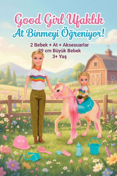 Good Girl 2'li Oyuncak Bebek ve At Binicilik Seti - 29cm Büyük Bebek, Küçük Bebek, Pembe Yeleli Pony ürün görseli 1