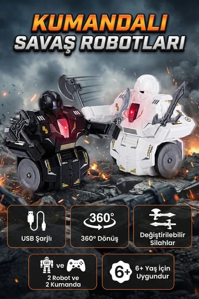 Uzaktan Kumandalı Savaş Robotu 2'li Set - Şarjlı, Işıklı ve 360 Derece Dönen Dövüşen Robotlar ürün görseli 1