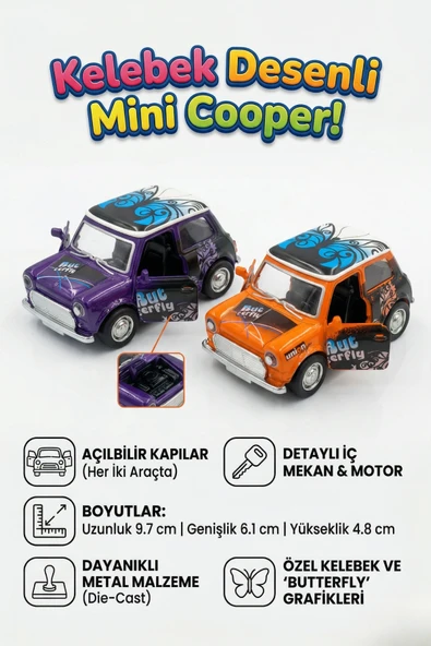 Die-Cast Metal Model Araba Kelebek Desenli Açılabilir Kapılı Mini Klasik Oyuncak Araba 9.7 cm ürün görseli 1