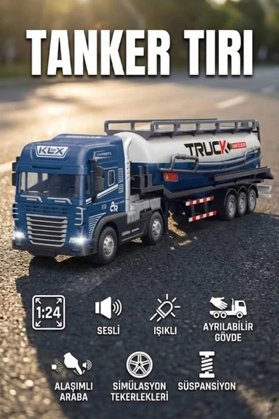 1:24 Ölçek Diecast Metal Kafa Işıklı ve Sesli Oyuncak Tanker Tırı - Ayrılabilir Dorseli Model Araba ürün görseli 1
