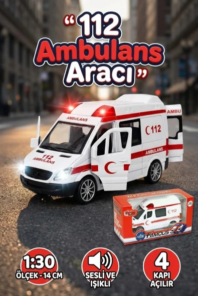 1:30 Metal Çek Bırak Ambulans Sesli Işıklı 4 Kapısı Açılan Oyuncak Model Araba 14cm ürün görseli 1