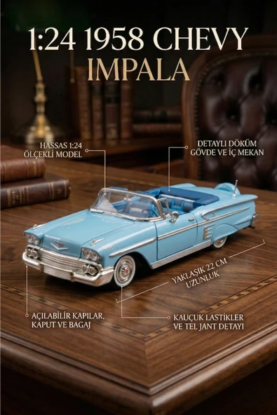 1:24 1958 Chevy Impala Metal Lisanslı Model Araba - Mavi Klasik Koleksiyonluk ürün görseli 1
