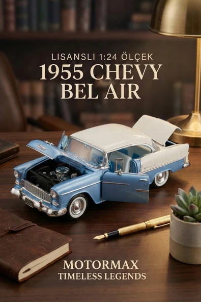 Motormax 1:24 1955 Chevy Bel Air Diecast Metal Model Araba Mavi Beyaz ürün görseli 1