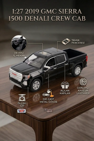 Motor Max 1:27 2019 GMC Sierra 1500 Denali Crew Cab Siyah Lisanslı Diecast Metal Model Araba ürün görseli 1