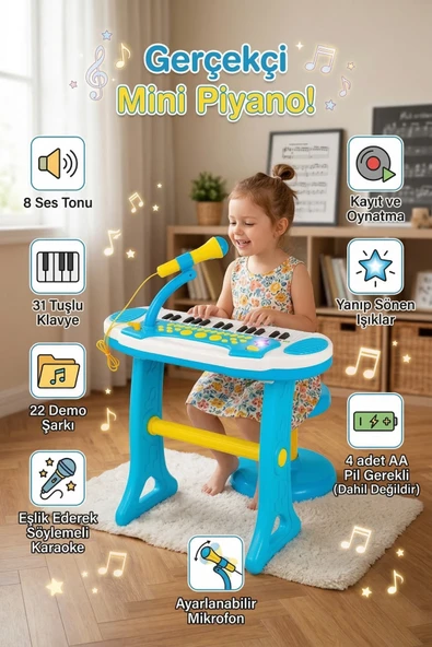 Mikrofonlu Tabureli Çocuk Piyano Org Seti - 31 Tuşlu Işıklı Sesli Eğitici Müzik Aleti Oyuncağı ürün görseli 1