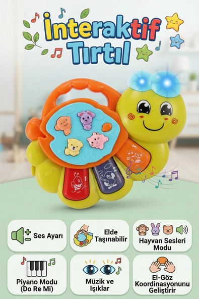 Eğitici Işıklı Müzikli İnteraktif Tırtıl Bebek Piyanosu - Hayvan Sesli Duyusal Gelişim Oyuncağı ürün görseli 1