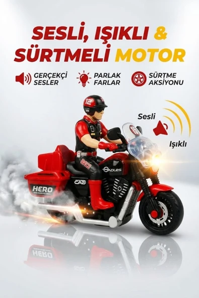 Oyuncak Motor Sesli ve Işıklı Sürtmeli Motosiklet Figürlü Yarış Motoru Kırmızı 13 Cm ürün görseli 1