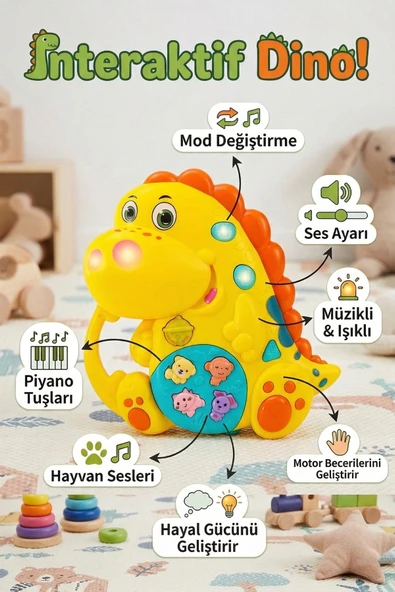 Vardem Eğitici İnteraktif Müzikli ve Işıklı Dinozor Bebek Oyuncağı Hayvan Sesli Piyano ürün görseli 1
