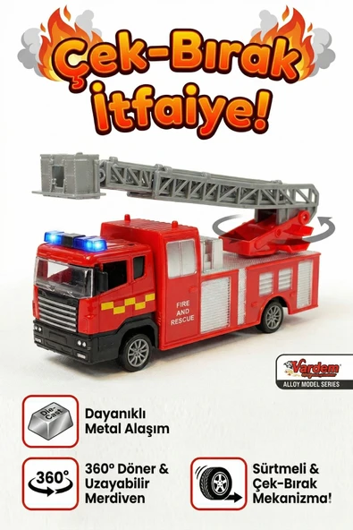 Vardem Die-Cast 360° Döner Merdivenli İtfaiye Kamyonu - Metal Alaşım Çek-Bırak Oyuncak ürün görseli 1