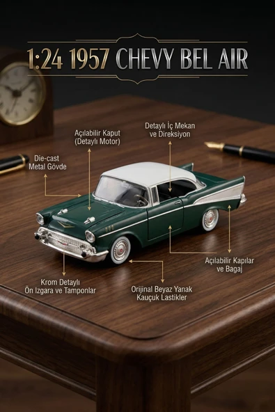 Motor Max 1:24 1957 Chevy Bel Air Yeşil Die-Cast Metal Klasik Model Araba Lisanslı ürün görseli 1