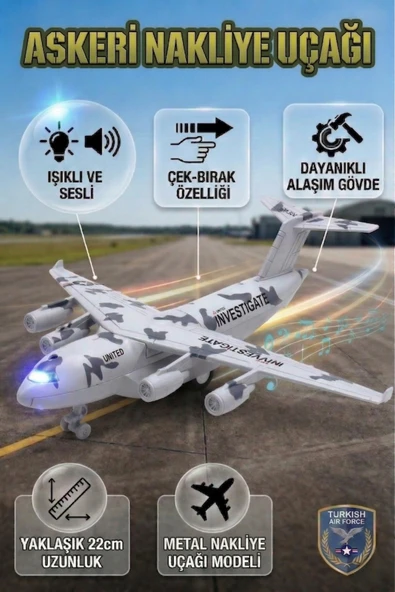 Metal Alaşım Işıklı Sesli Çek Bırak Askeri Kargo Uçağı - 22 cm Büyük Boy Model Uçak ürün görseli 1