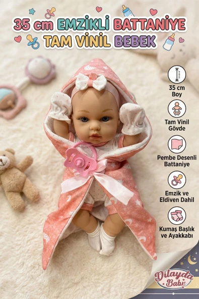 Dilayda Baby 35 cm Tam Vinil Oyuncak Et Bebek - Pembe Battaniyeli ve Emzikli Yenidoğan Seti ürün görseli 1