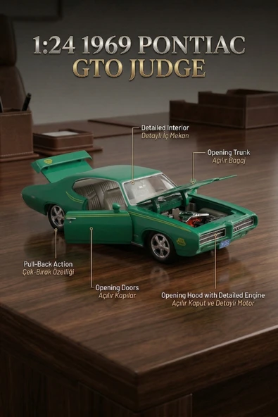 Motor Max 1:24 1969 Pontiac Gto Judge Yeşil Diecast Model Araba Lisanslı Açılır Kapı ve Kaput ürün görseli 1