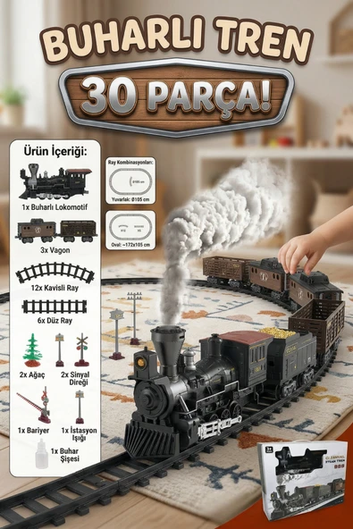 Pilli Buharlı Tren Seti - 30 Parça Işıklı Sesli Gerçek Duman Çıkaran Raylı Tren Oyuncağı ürün görseli 1