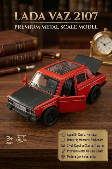 Metal Oyuncak Araba Lada VAZ 2107 Açılabilir Kapı ve Kaput Detaylı Klasik Araba 12.5 cm Kırmızı ürün görseli 1