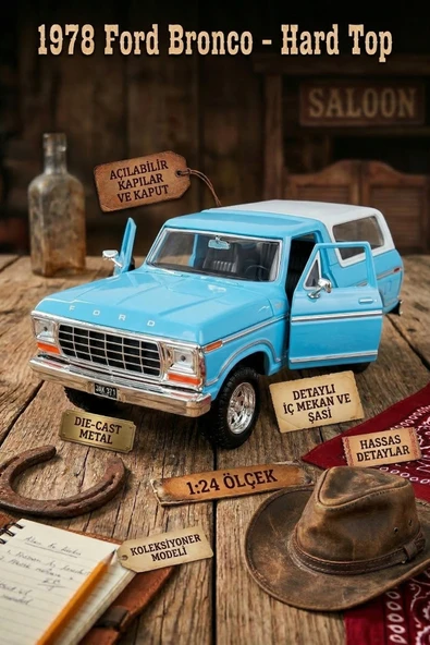 1978 Ford Bronco Hard Top 1:24 Ölçek Die-Cast Metal Model Araba - Mavi/Beyaz - Motor Max ürün görseli 1