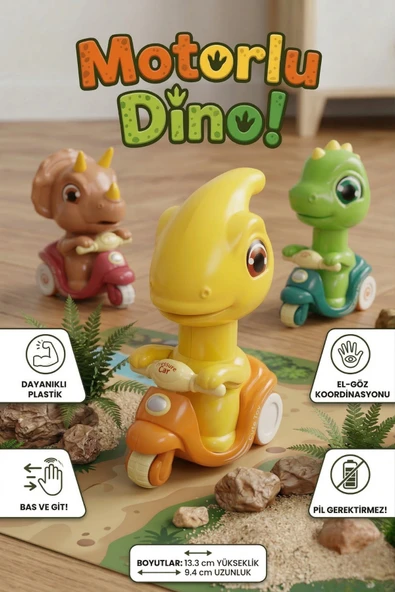 Bas-Git Sürtmeli Dinozor Motosiklet Oyuncak - Eğitici Ve Eğlenceli Dino Figürlü Araba (Pilsiz) ürün görseli 1